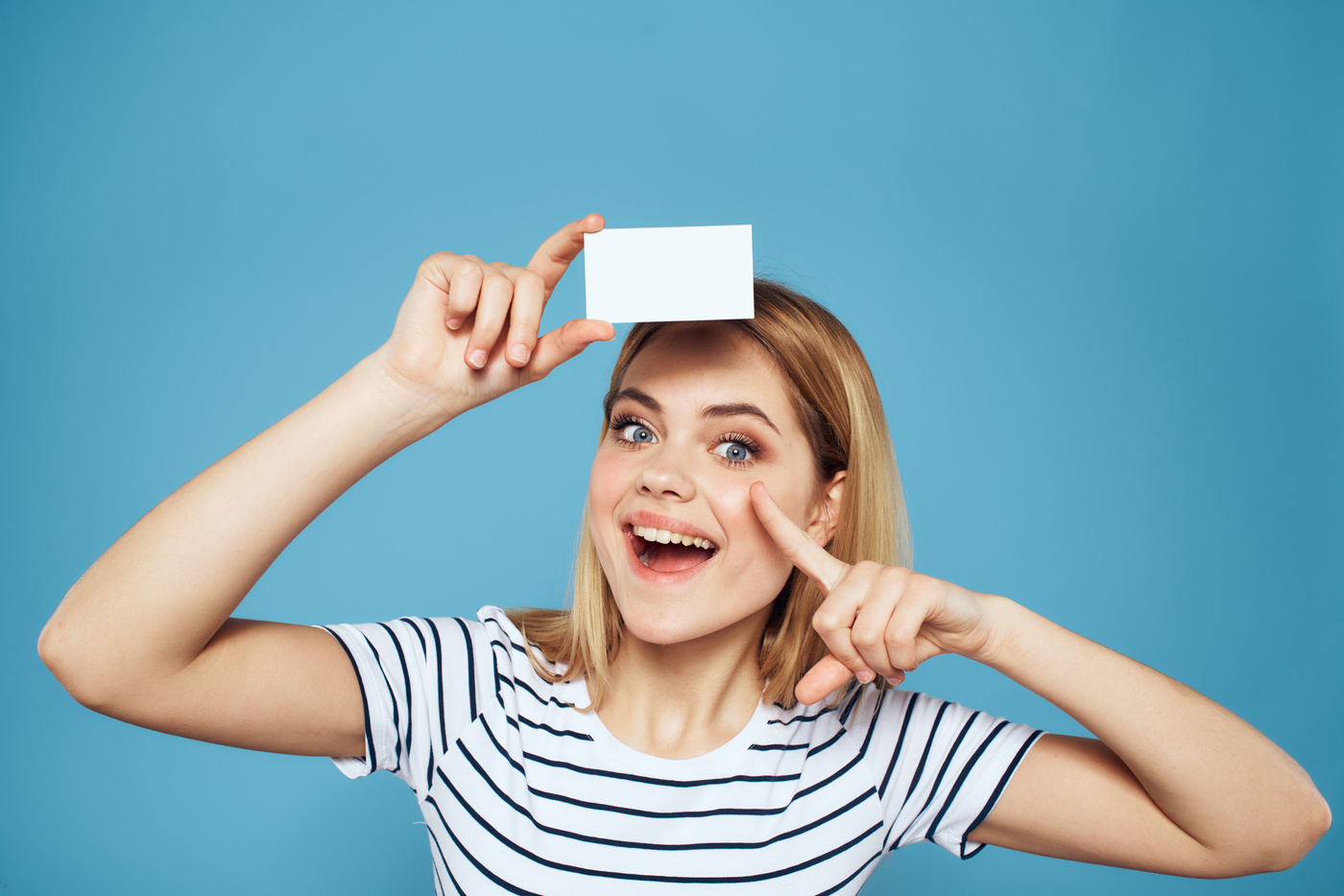 Woman Holding Business Card Emotions Cropped Blue Background